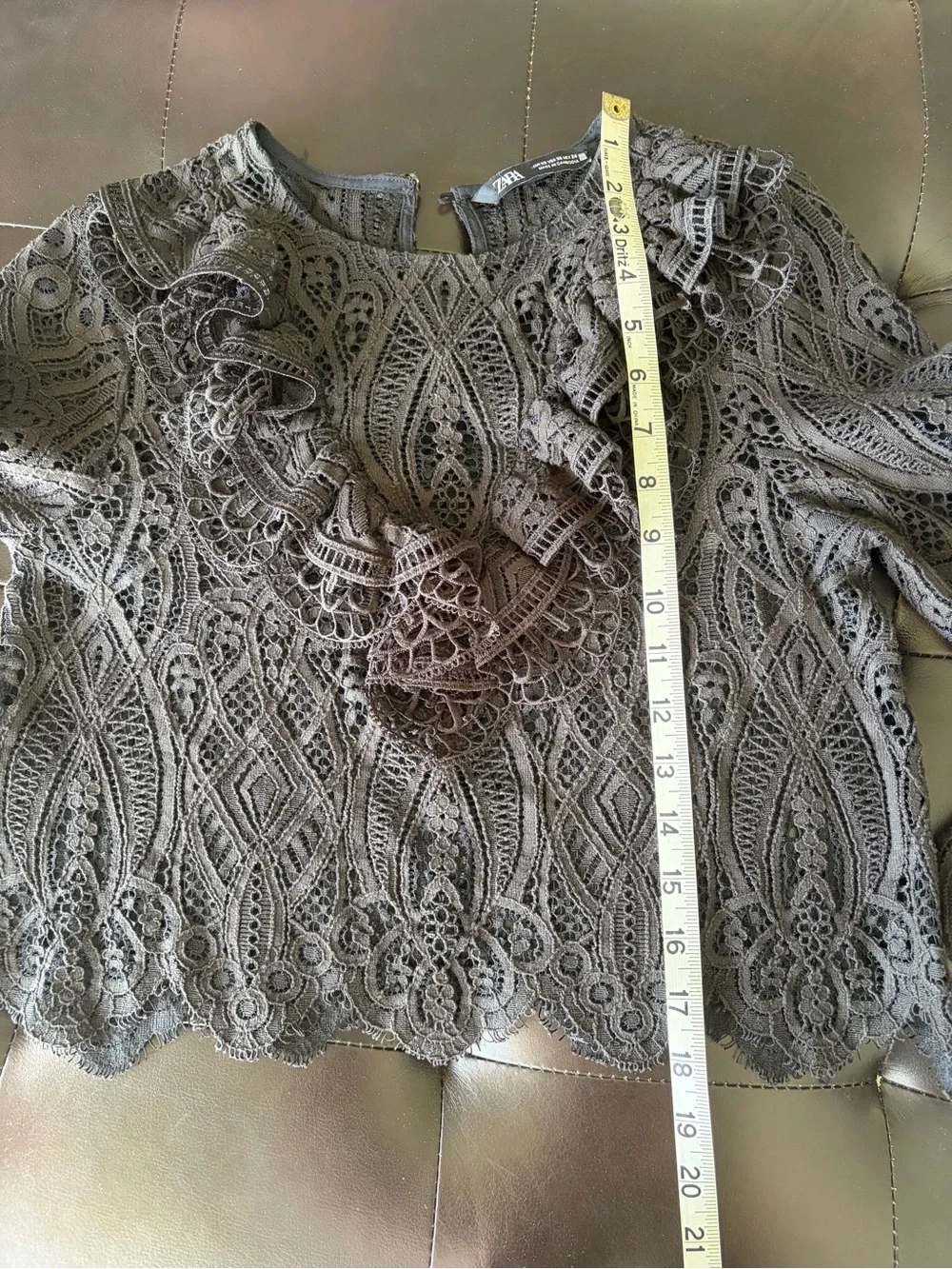 ZARA Gothic Black Guipure Lace Ruffle Neckline Long Sleeve Blouse XS